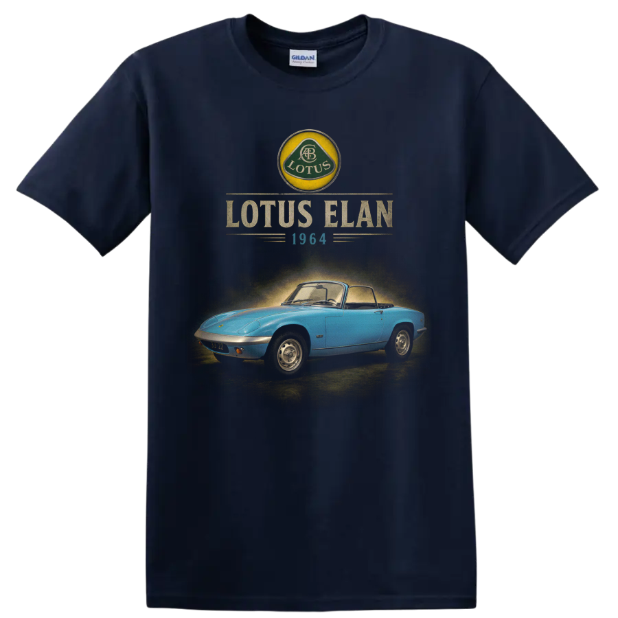 1964 Lotus Elan blue roadster vintage graphic with retro lettering on a Navy (Blue) T Shirt