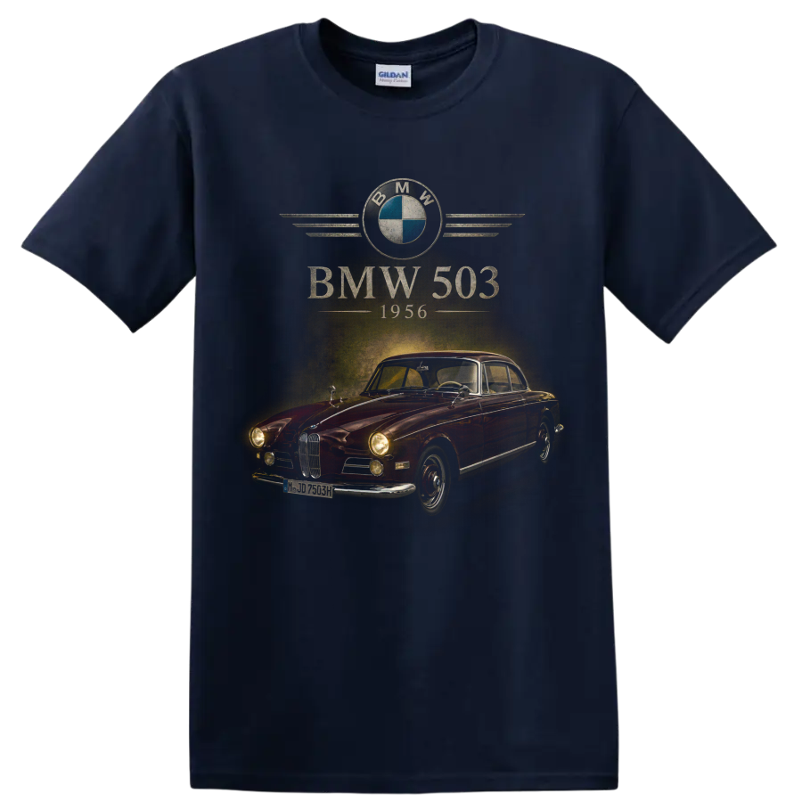 BMW 503 1956 red vintage coupe graphic with retro automotive lettering on a Navy (Blue) T Shirt