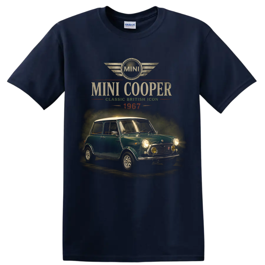 1967 Mini Cooper vintage classic car graphic with MINI emblem on a Navy (Blue) T Shirt