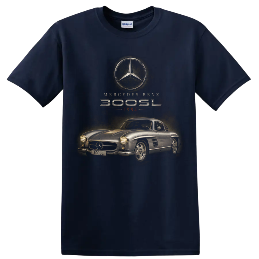 Mercedes-Benz 300 SL Gullwing 1954 vintage classic car graphic on a Navy (Blue) T Shirt