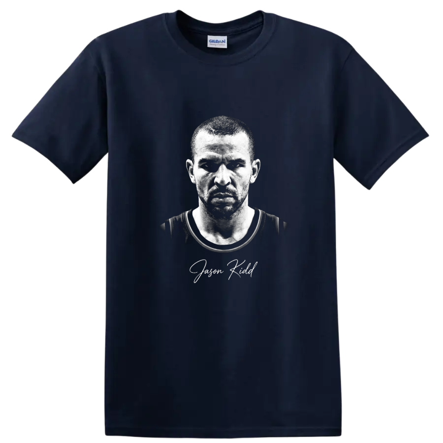 Jason Kidd black-and-white basketball portrait with signature-style name text on a Navy (Blue) T Shirt