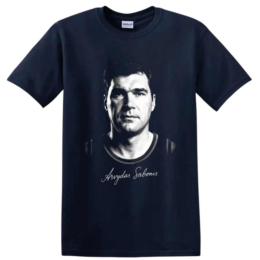 Arvydas Sabonis black-and-white basketball portrait with signature-style script on a Navy (Blue) T Shirt