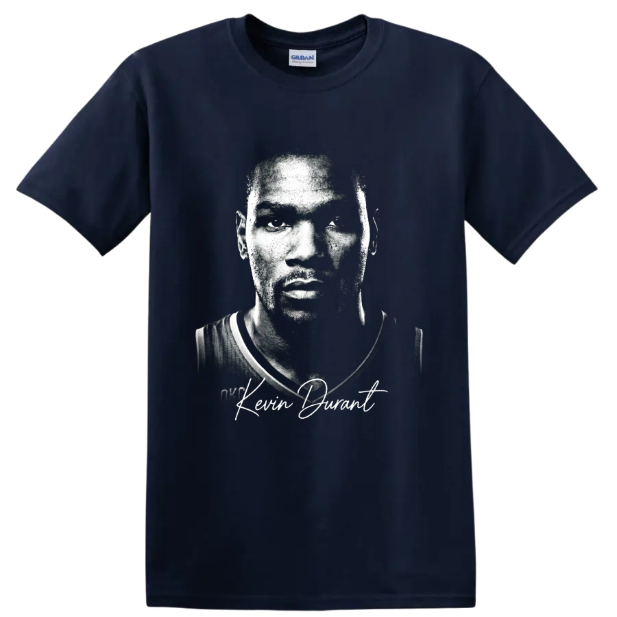 Kevin Durant Oklahoma City Thunder number 35 gritty black-and-white portrait with on a Navy (Blue) T Shirt