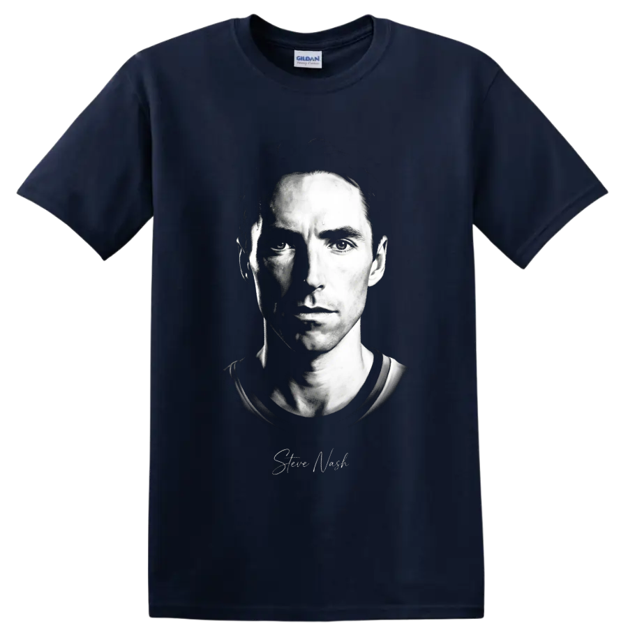 Steve Nash black-and-white split-shadow portrait with script signature on a Navy (Blue) T Shirt