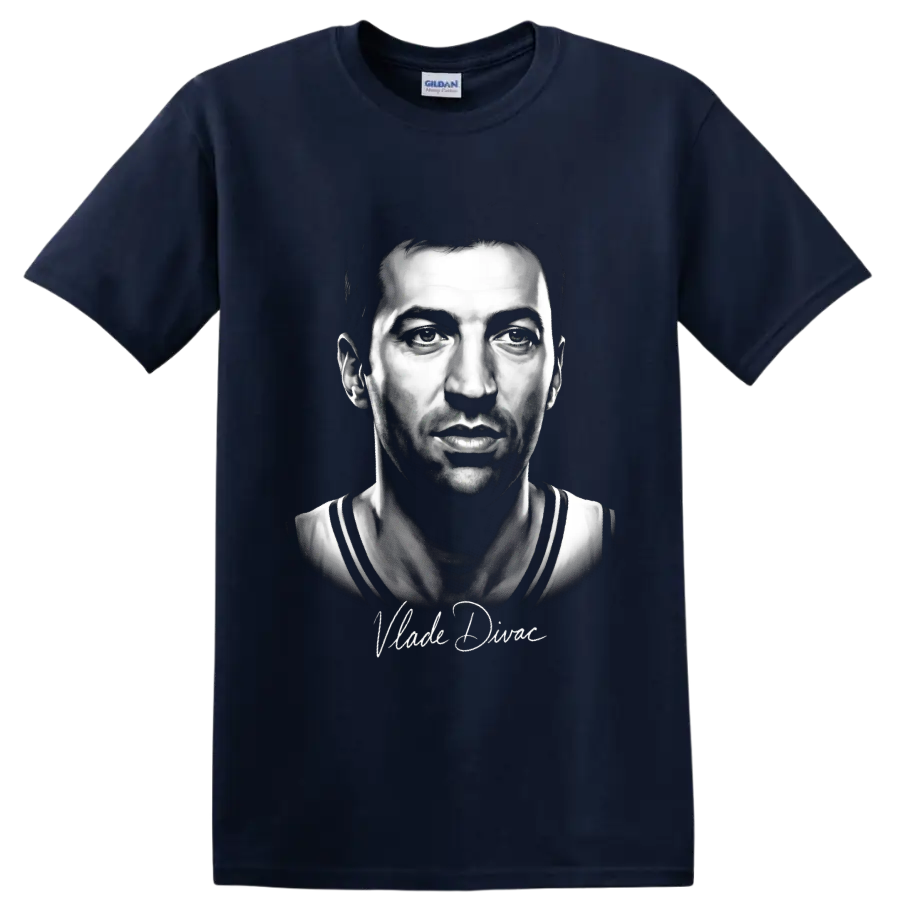 Monochrome Vlade Divac basketball portrait with cursive signature on a Navy (Blue) T Shirt
