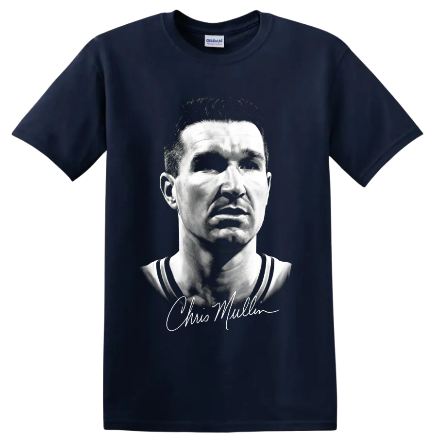 Monochrome Chris Mullin basketball portrait with cursive signature on a Navy (Blue) T Shirt