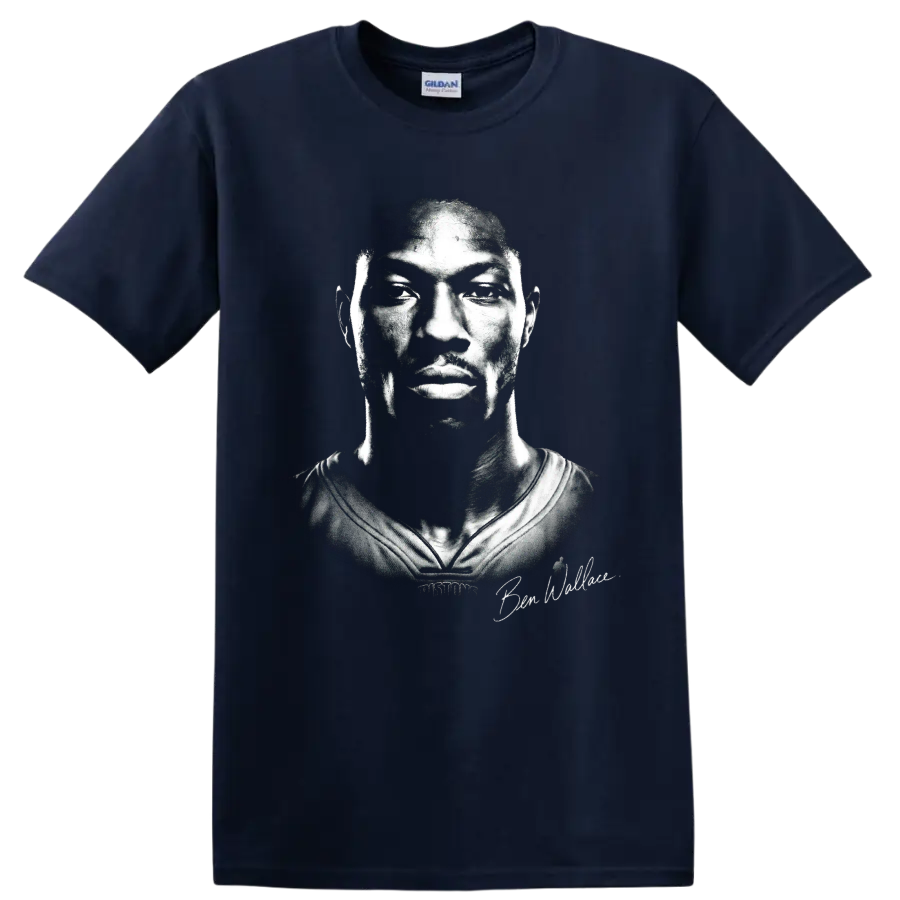Ben Wallace Detroit Pistons No. 3 high-contrast black-and-white basketball portrait on a Navy (Blue) T Shirt