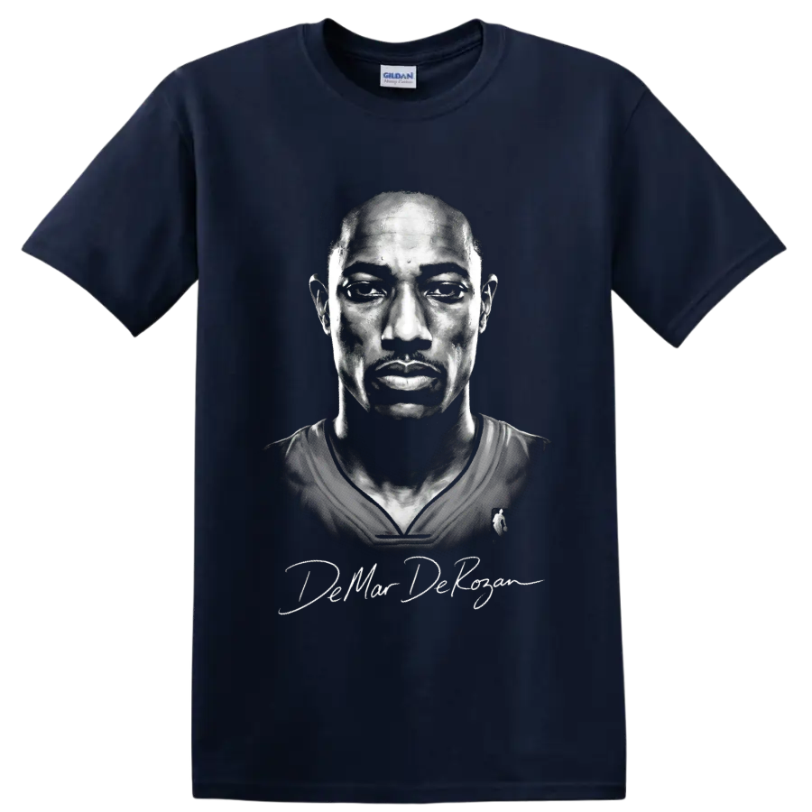 DeMar DeRozan monochrome basketball portrait with signature-style lettering on a Navy (Blue) T Shirt