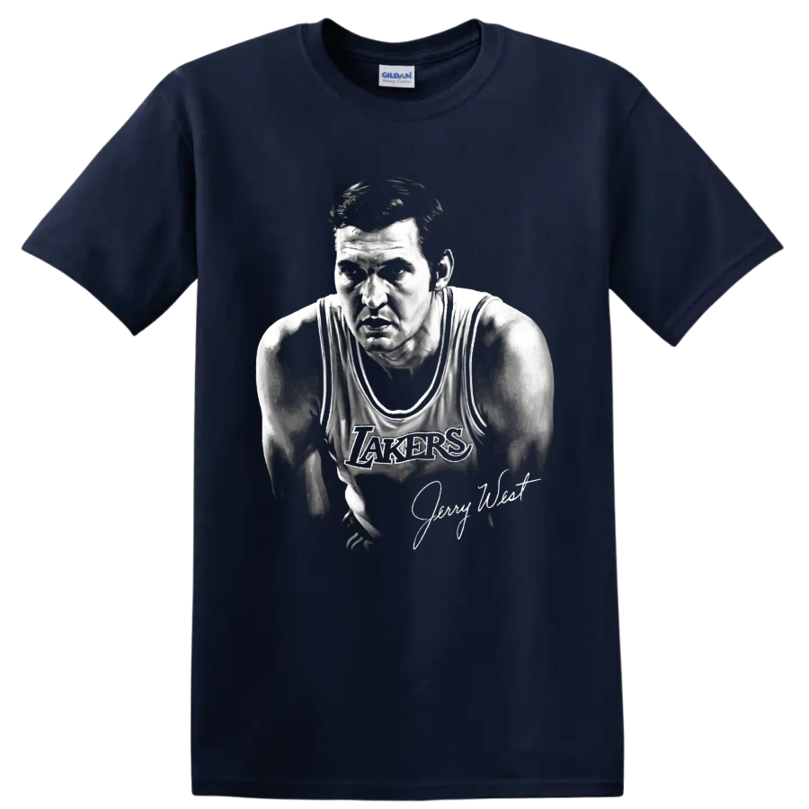 Jerry West Los Angeles Lakers No. 44 monochrome basketball portrait with signature on a Navy (Blue) T Shirt