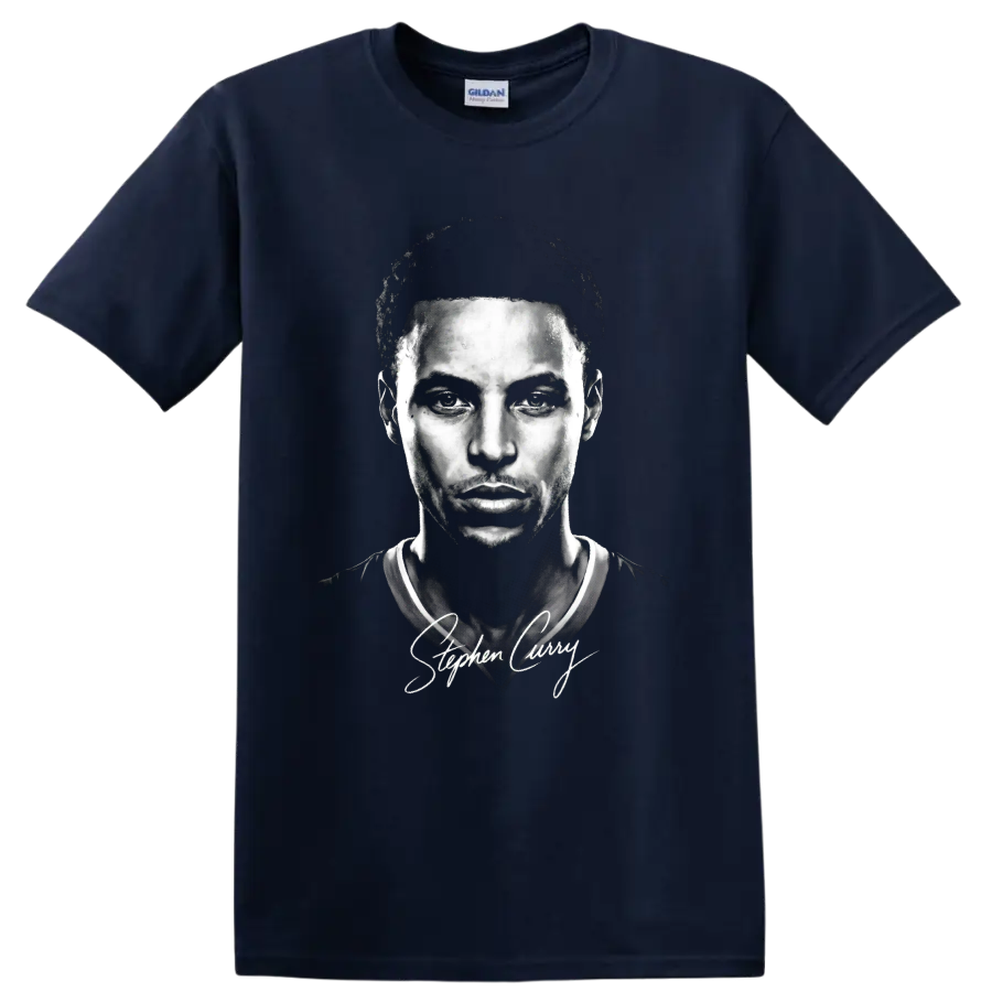 Monochrome Stephen Curry basketball portrait with signature-style script on a Navy (Blue) T Shirt