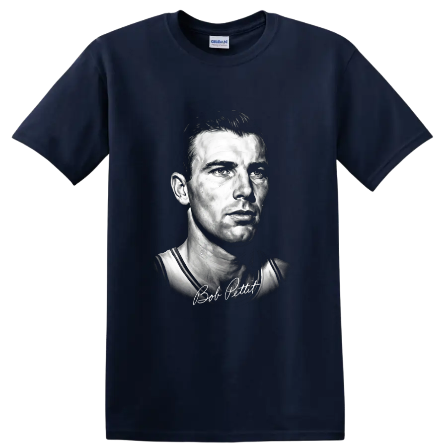 Bob Pettit St. Louis Hawks No. 9 monochrome basketball portrait with signature on a Navy (Blue) T Shirt