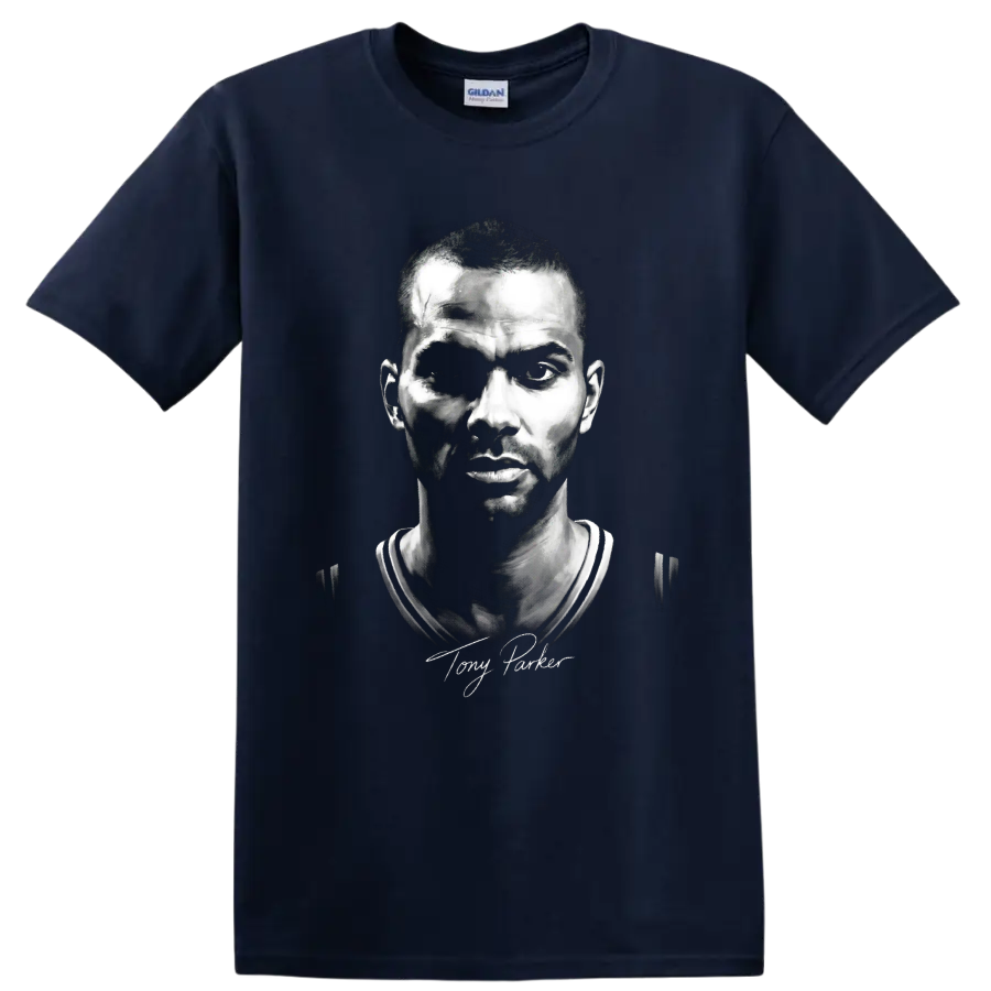 Tony Parker monochrome basketball portrait with signature-style script on a Navy (Blue) T Shirt