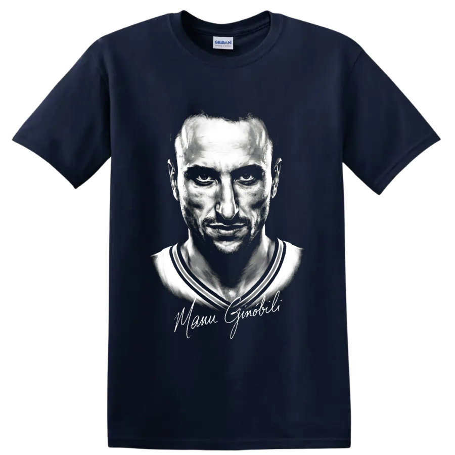 Monochrome Manu Ginobili basketball portrait with signature-style script on a Navy (Blue) T Shirt