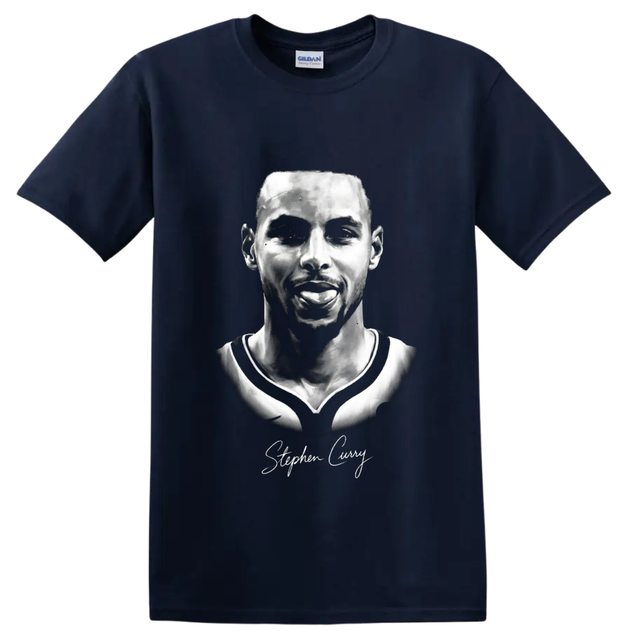 Stephen Curry monochrome basketball portrait with signature-style script on a Navy (Blue) T Shirt