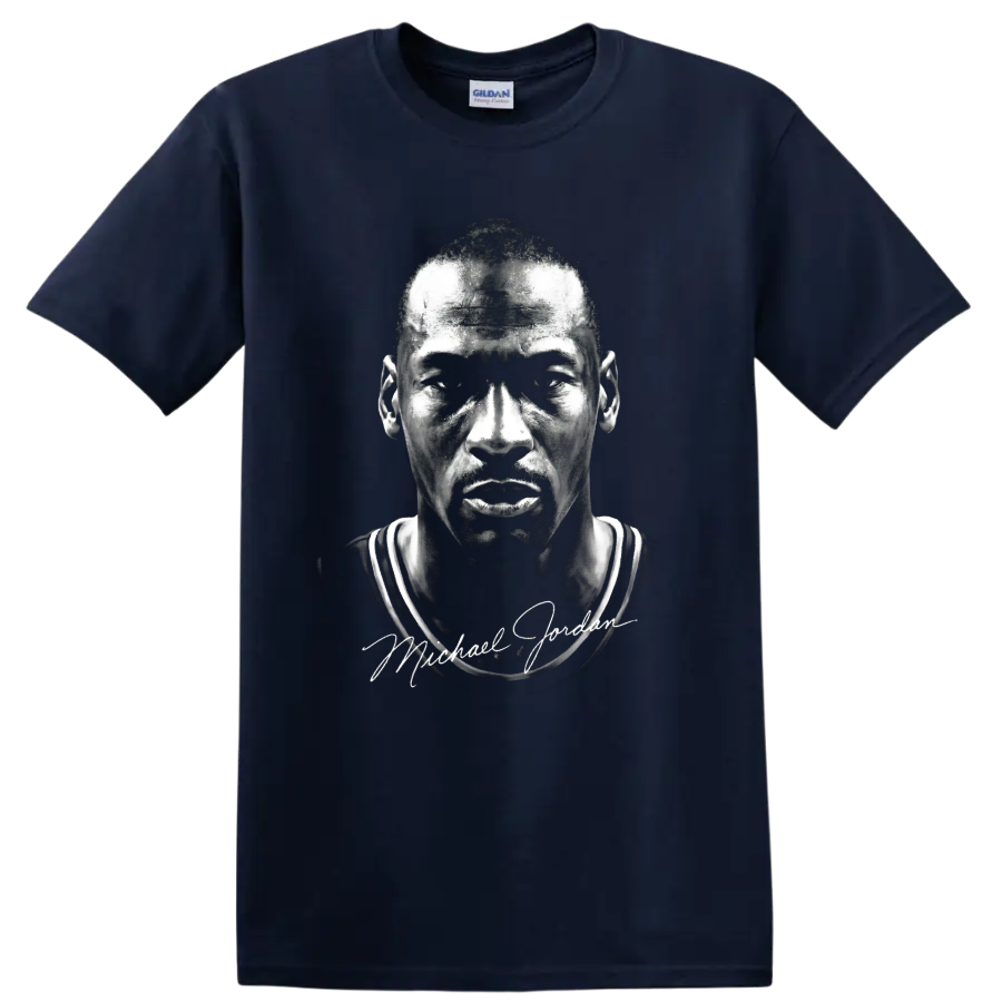 Michael Jordan Chicago Bulls No. 23 monochrome portrait with signature-style text on a Navy (Blue) T Shirt
