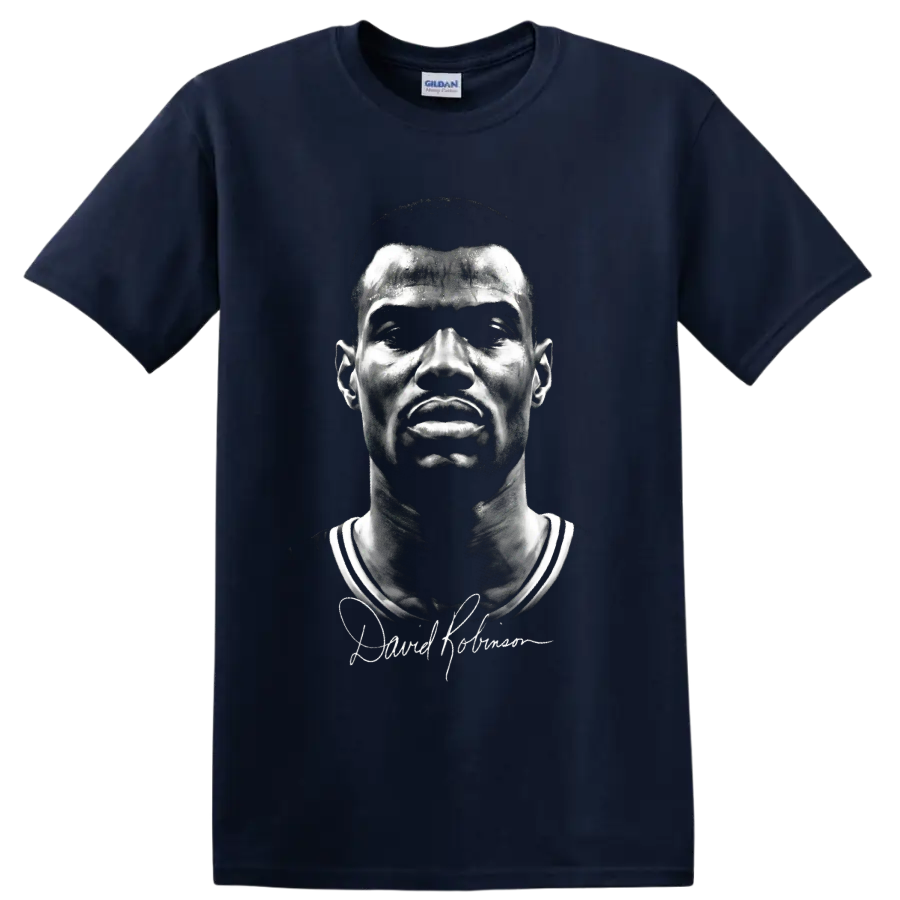 David Robinson No. 50 black-and-white basketball portrait with signature-style graphic on a Navy (Blue) T Shirt