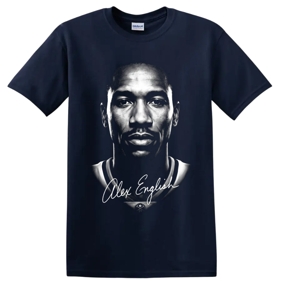 Alex English black-and-white basketball portrait with signature-style script on a Navy (Blue) T Shirt
