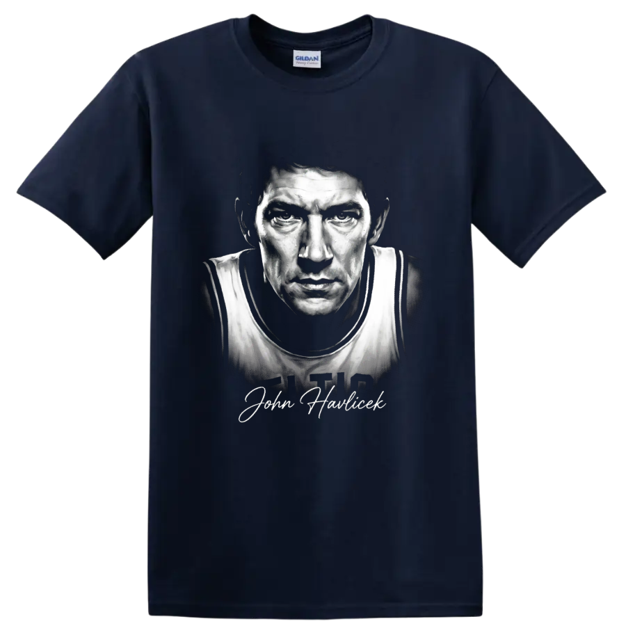 Black-and-white John Havlicek No. 17 basketball portrait with signature-style name on a Navy (Blue) T Shirt