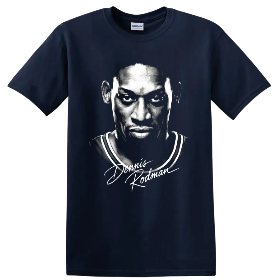 Monochrome Dennis Rodman Chicago Bulls No. 91 portrait with scripted signature on a Navy (Blue) T Shirt