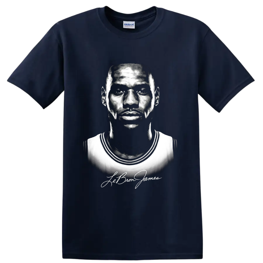 LeBron James black-and-white basketball portrait with signature-style script on a Navy (Blue) T Shirt