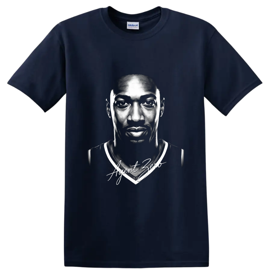 Gilbert Arenas Washington Wizards No. 0 monochrome portrait with Agent Zero script on a Navy (Blue) T Shirt