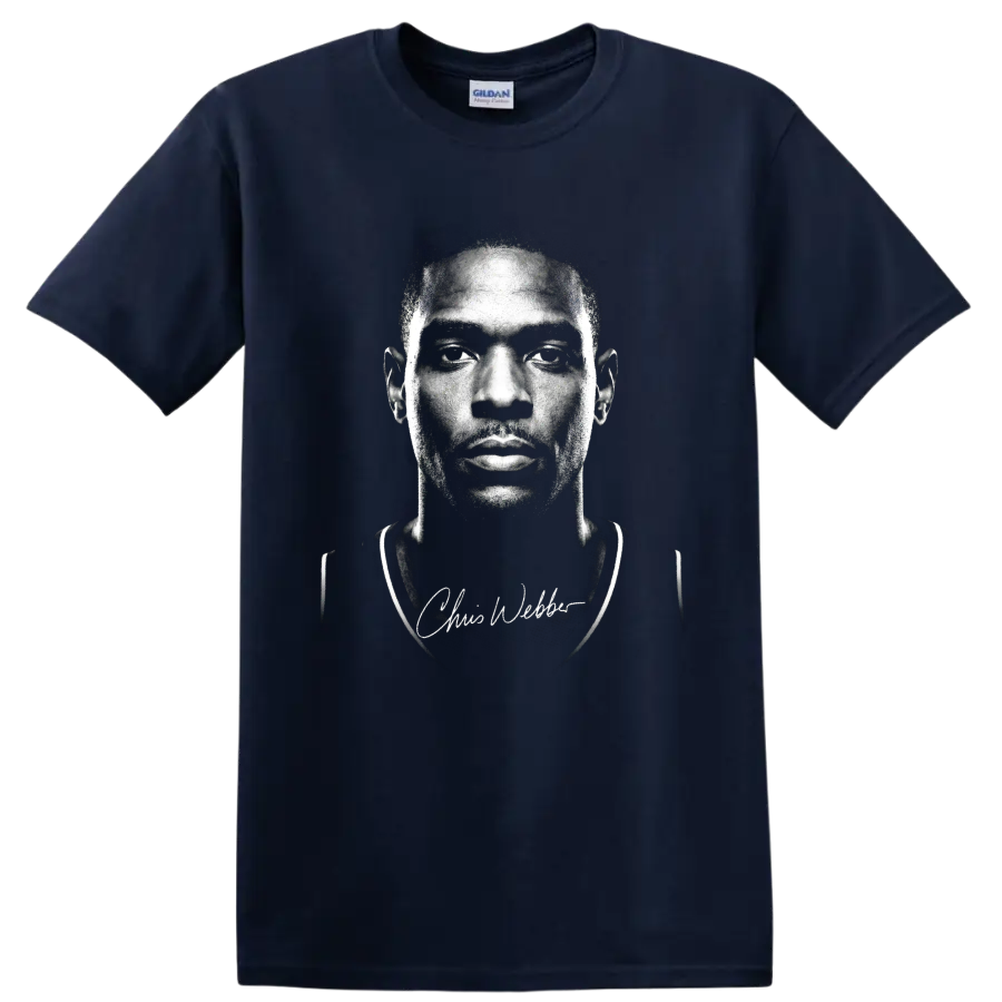 Black-and-white Chris Webber basketball portrait with signature script on a Navy (Blue) T Shirt