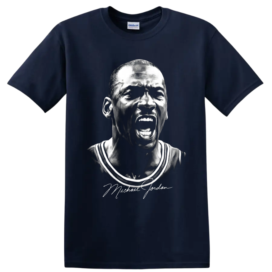 Michael Jordan Chicago Bulls #23 shouting portrait in dramatic black-and-white sketch on a Navy (Blue) T Shirt