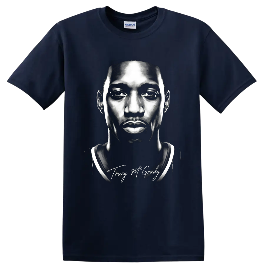 Tracy McGrady black-and-white basketball portrait with signature-style script on a Navy (Blue) T Shirt