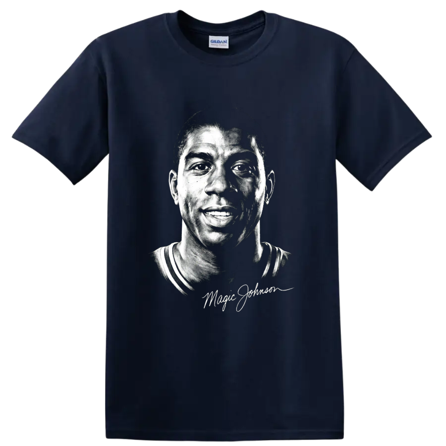 Magic Johnson black-and-white portrait with signature-style script on a Navy (Blue) T Shirt