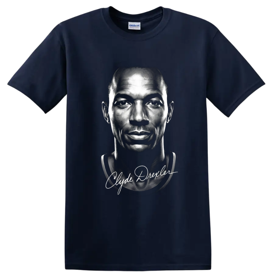 Monochrome Clyde Drexler basketball portrait with Clyde Drexler signature script on a Navy (Blue) T Shirt