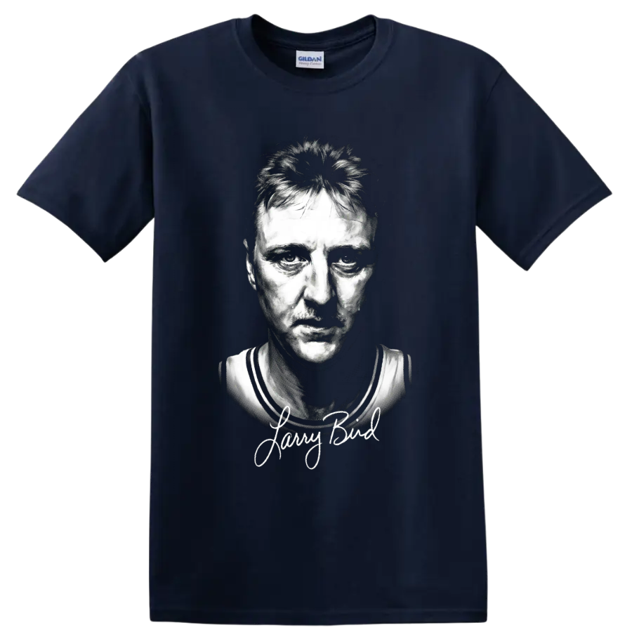 Larry Bird black-and-white basketball portrait with signature-style lettering on a Navy (Blue) T Shirt