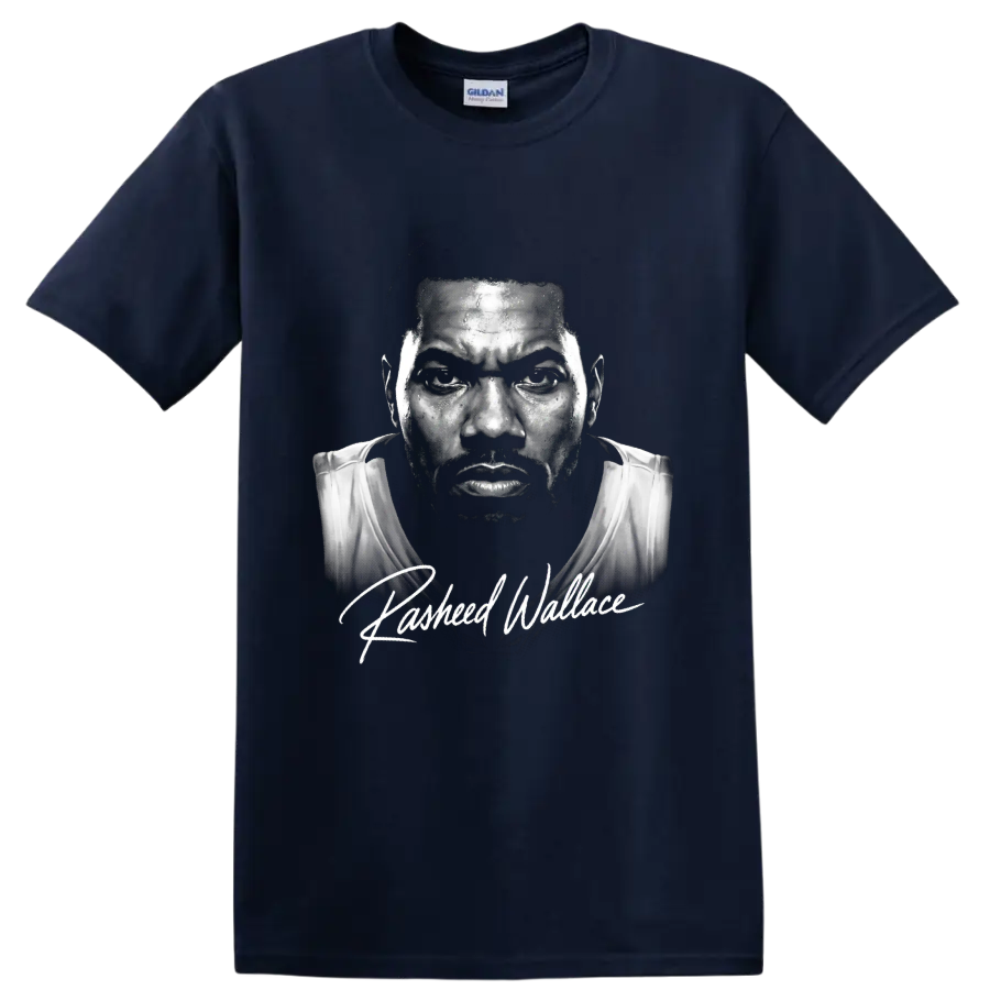 Rasheed Wallace black-and-white basketball portrait with signature-style lettering on a Navy (Blue) T Shirt