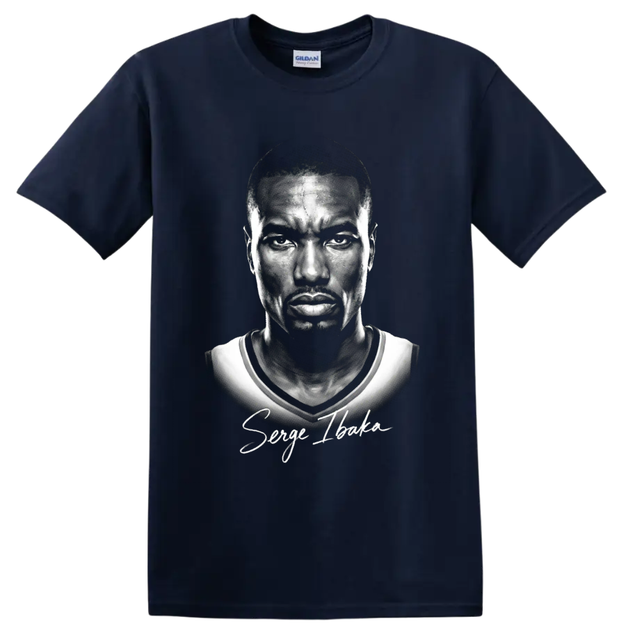 Monochrome Serge Ibaka Oklahoma City Thunder #9 portrait with signature script on a Navy (Blue) T Shirt