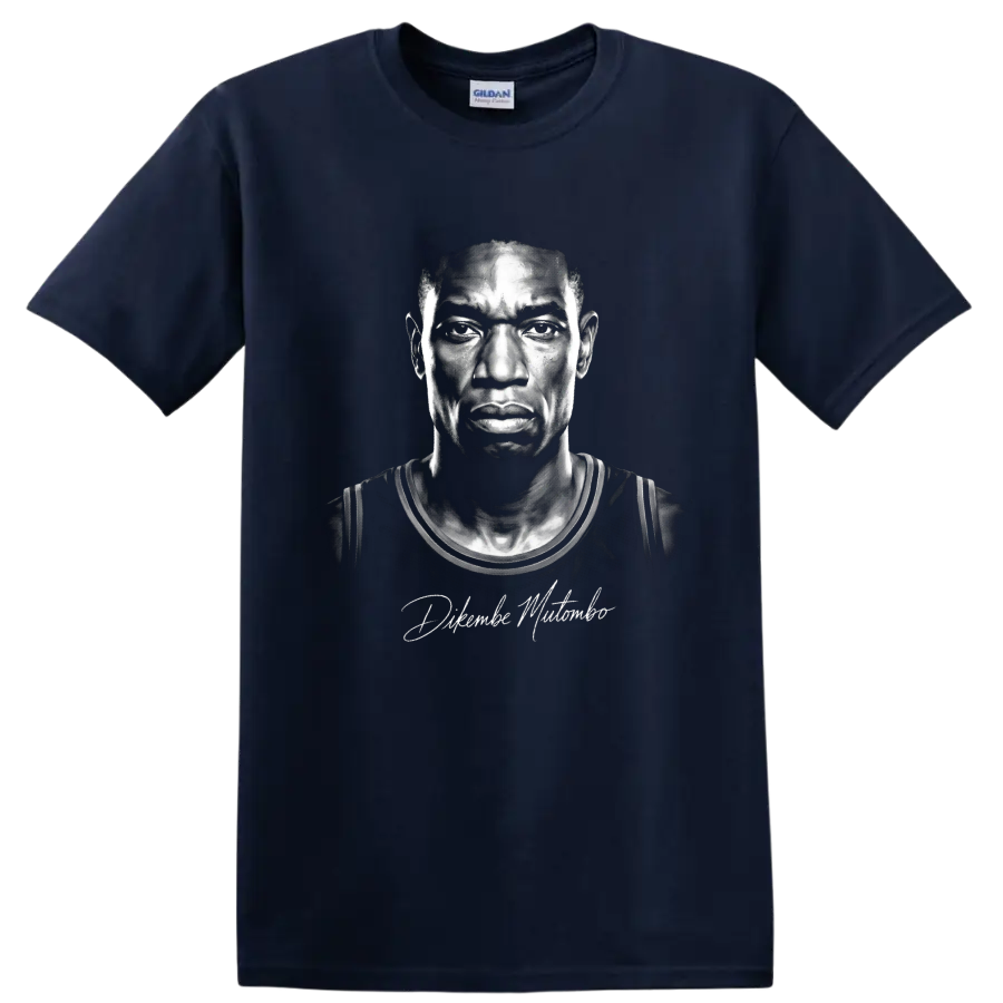 Dikembe Mutombo black-and-white illustrated basketball portrait with signature detail on a Navy (Blue) T Shirt