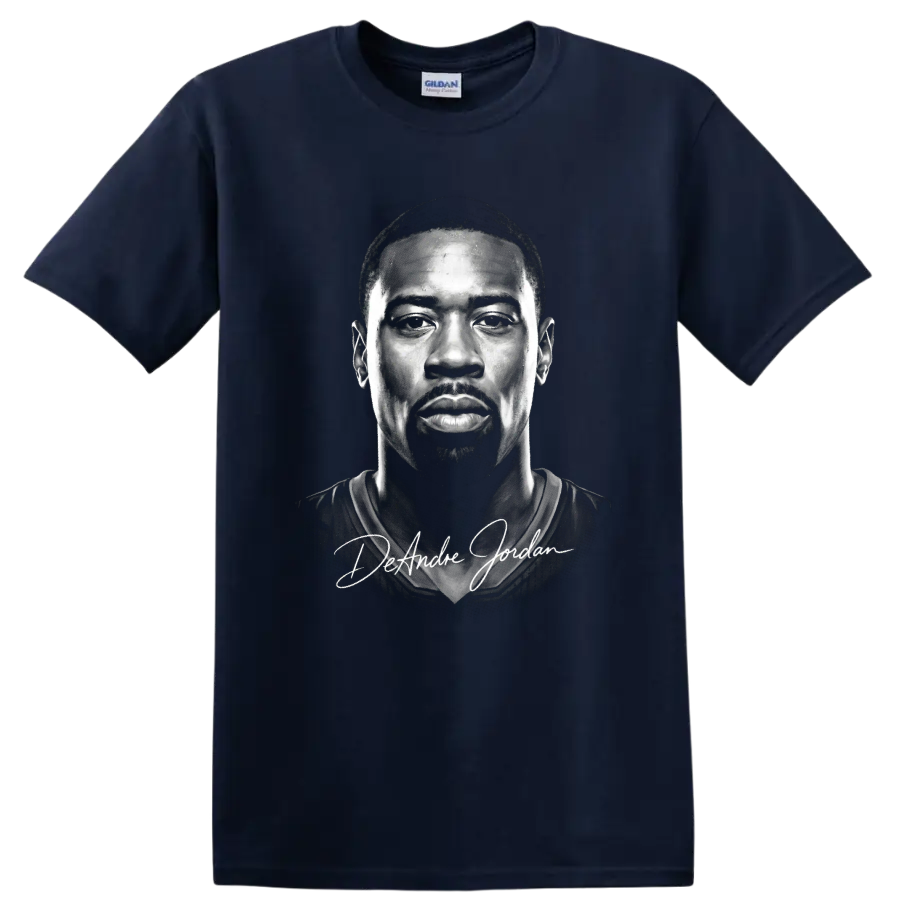 Monochrome DeAndre Jordan portrait with signature-style name lettering on a Navy (Blue) T Shirt