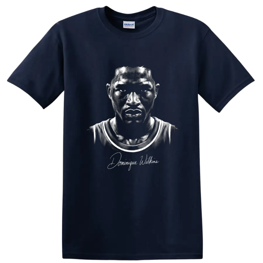Monochrome Dominique Wilkins Atlanta Hawks #21 basketball portrait with signature on a Navy (Blue) T Shirt