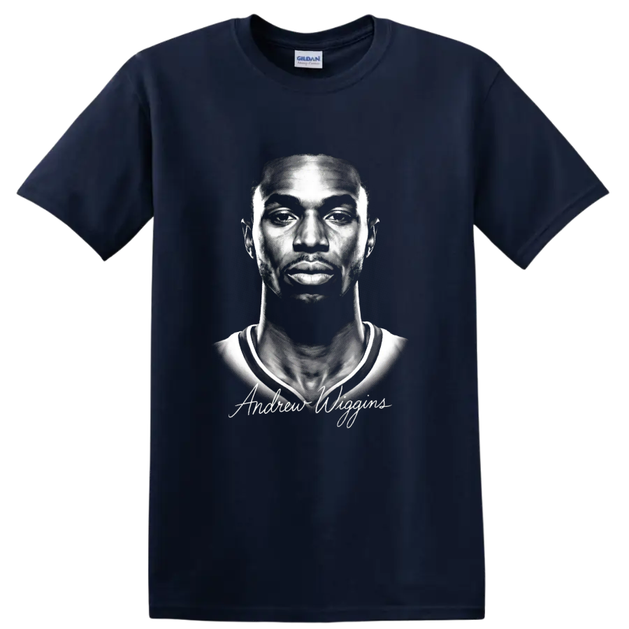 Andrew Wiggins monochrome basketball portrait with signature-style lettering on a Navy (Blue) T Shirt