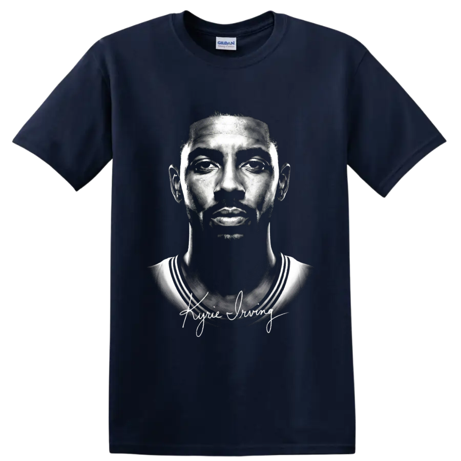 Kyrie Irving Cleveland Cavaliers #2 monochrome portrait with signature-style lettering on a Navy (Blue) T Shirt