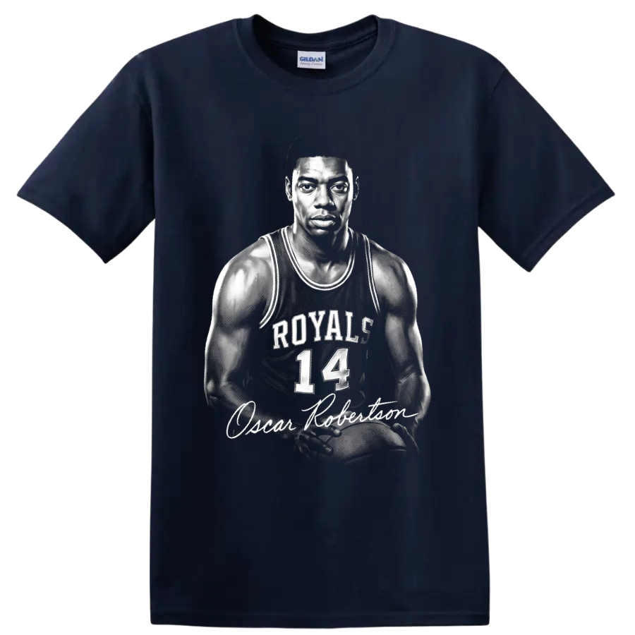 Oscar Robertson Cincinnati Royals No. 14 monochrome basketball portrait with signature on a Navy (Blue) T Shirt