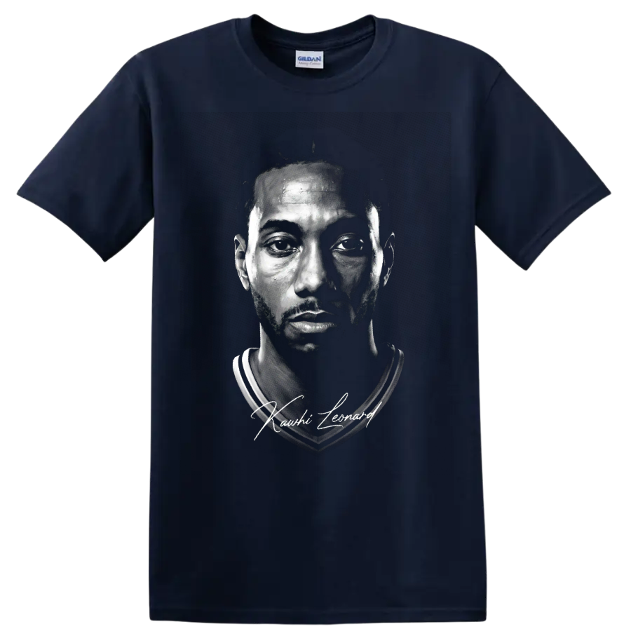 Kawhi Leonard black-and-white basketball portrait with signature-style lettering on a Navy (Blue) T Shirt