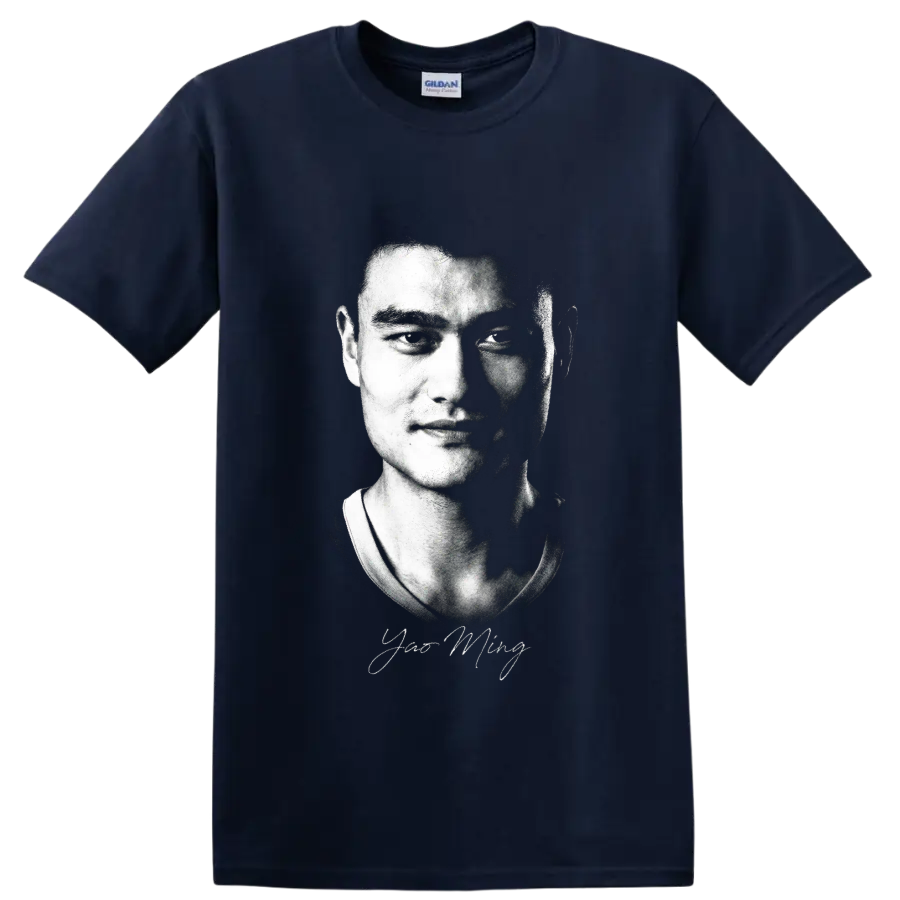 Yao Ming black-and-white halftone portrait with signature-style detail on a Navy (Blue) T Shirt