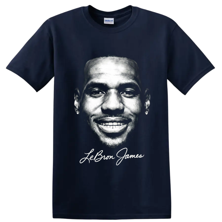 Monochrome LeBron James portrait with signature-style name lettering on a Navy (Blue) T Shirt