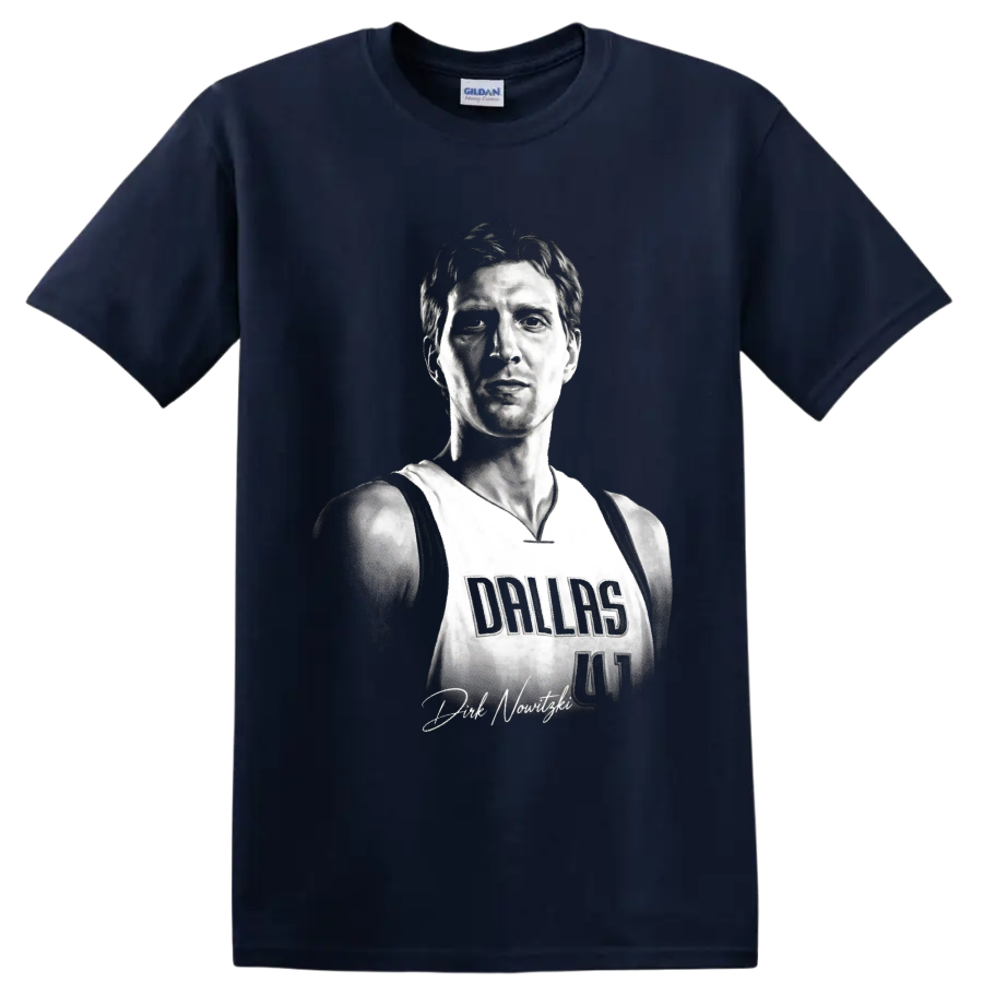 Black-and-white Dirk Nowitzki Dallas Mavericks number 41 portrait with signature detail on a Navy (Blue) T Shirt