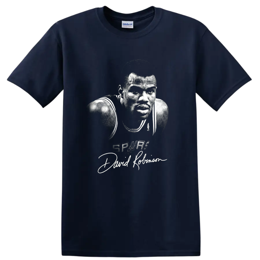 Gritty black-and-white David Robinson Spurs Number 50 basketball portrait with signature on a Navy (Blue) T Shirt