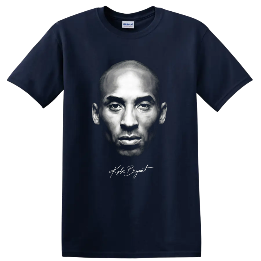 Kobe Bryant black-and-white portrait graphic with signature-style script on a Navy (Blue) T Shirt
