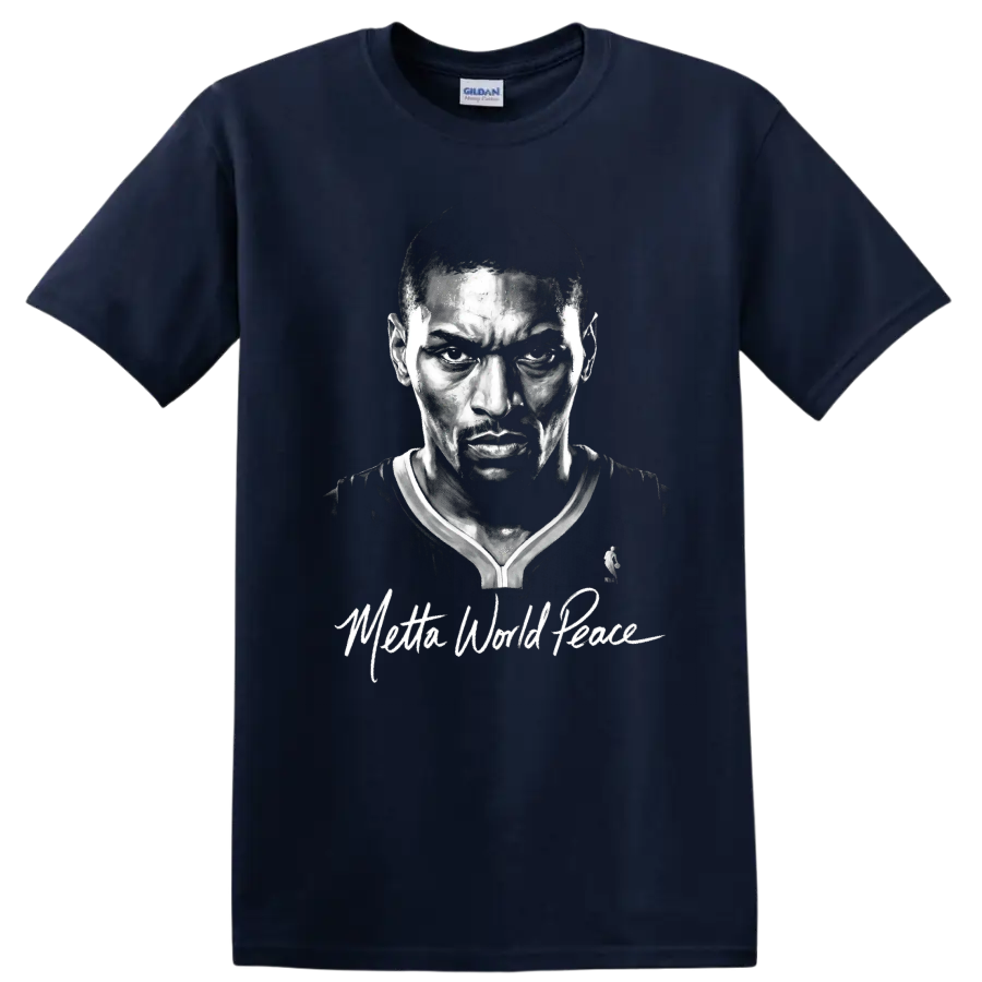 Metta World Peace monochrome basketball portrait with signature-style script on a Navy (Blue) T Shirt