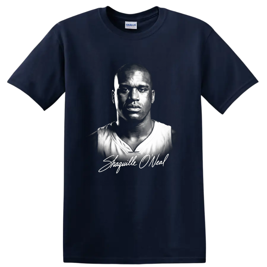 Monochrome Shaquille O'Neal basketball portrait with signature-style script on a Navy (Blue) T Shirt