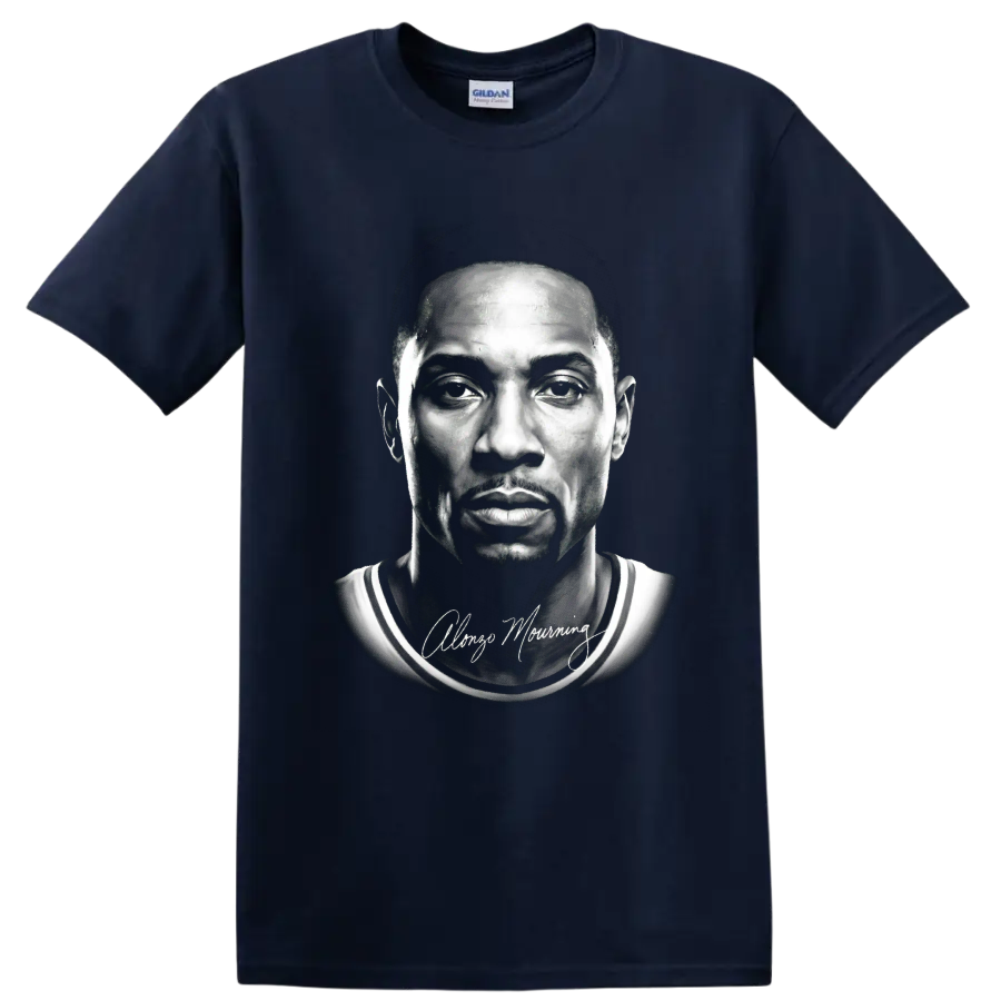 Monochrome Alonzo Mourning Miami Heat No. 33 basketball portrait with signature on a Navy (Blue) T Shirt