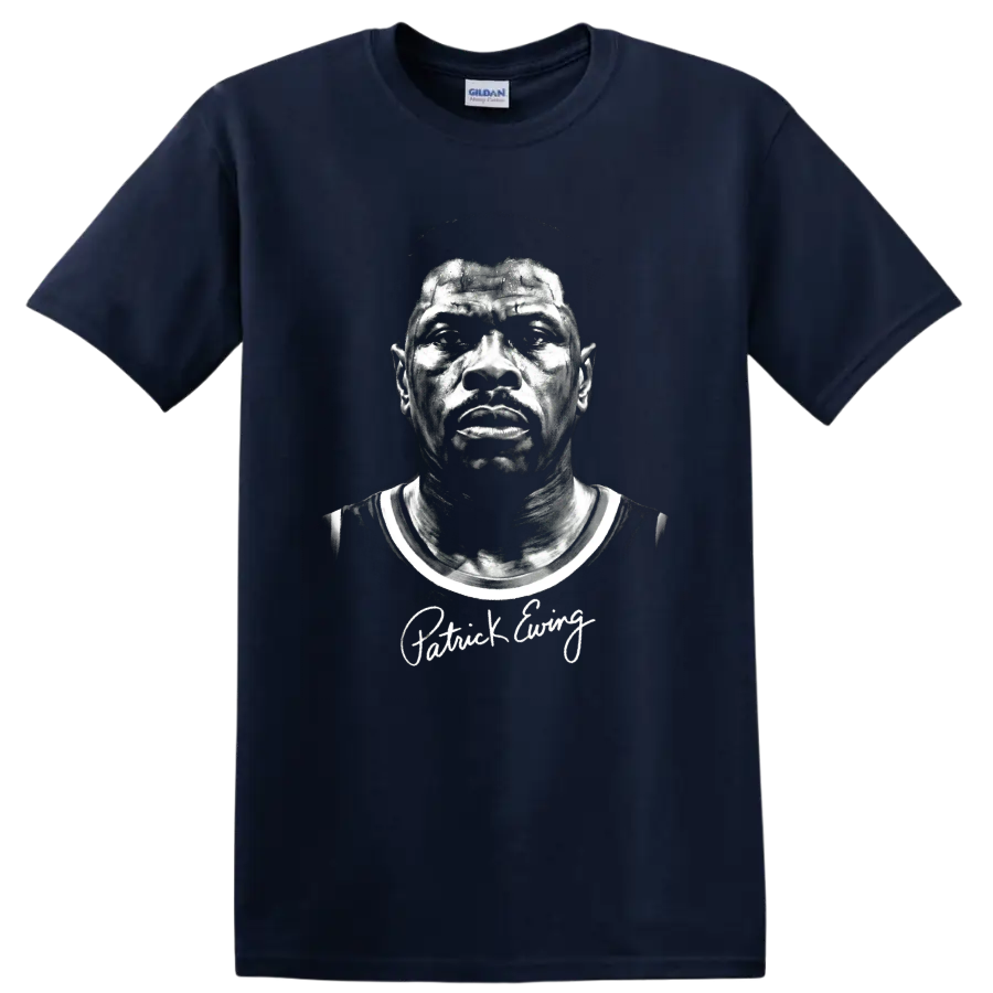 Monochrome Patrick Ewing basketball portrait with distressed vintage sports styling on a Navy (Blue) T Shirt