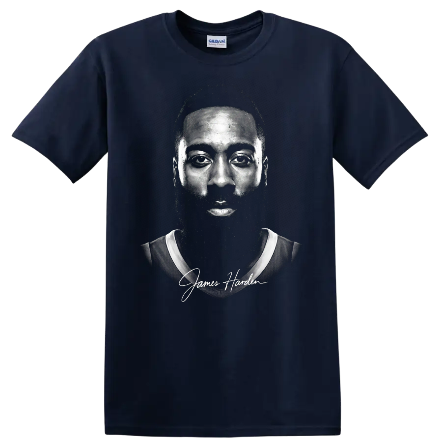 James Harden monochrome basketball portrait with script signature on a Navy (Blue) T Shirt